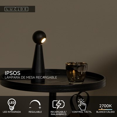 Lucide IPSOS - Lámpara de mesa Recargable - Batería/acumulador - LED Regul. - 1x3W 2700K - Negro